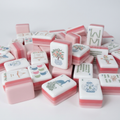 Pink Teapot American Mahjong acrylic tiles angled studio shot showing layered edges