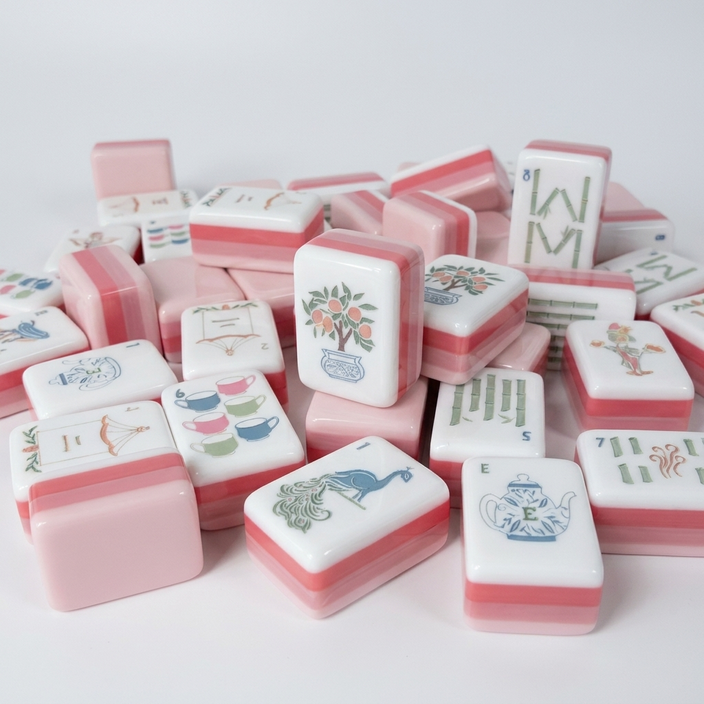 Pink Teapot American Mahjong acrylic tiles angled studio shot showing layered edges