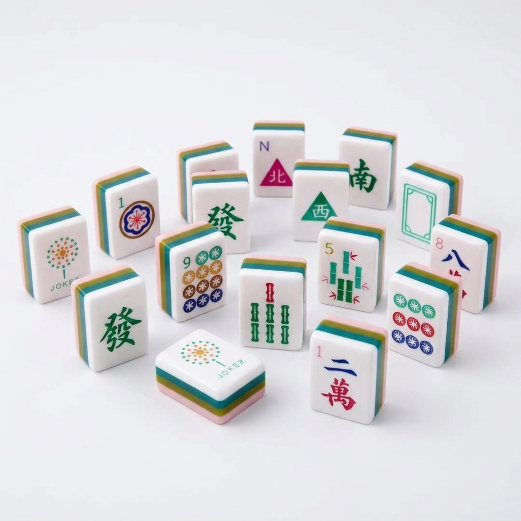 Pink Triangle American Mahjong acrylic tiles angled studio shot showing layered edges
