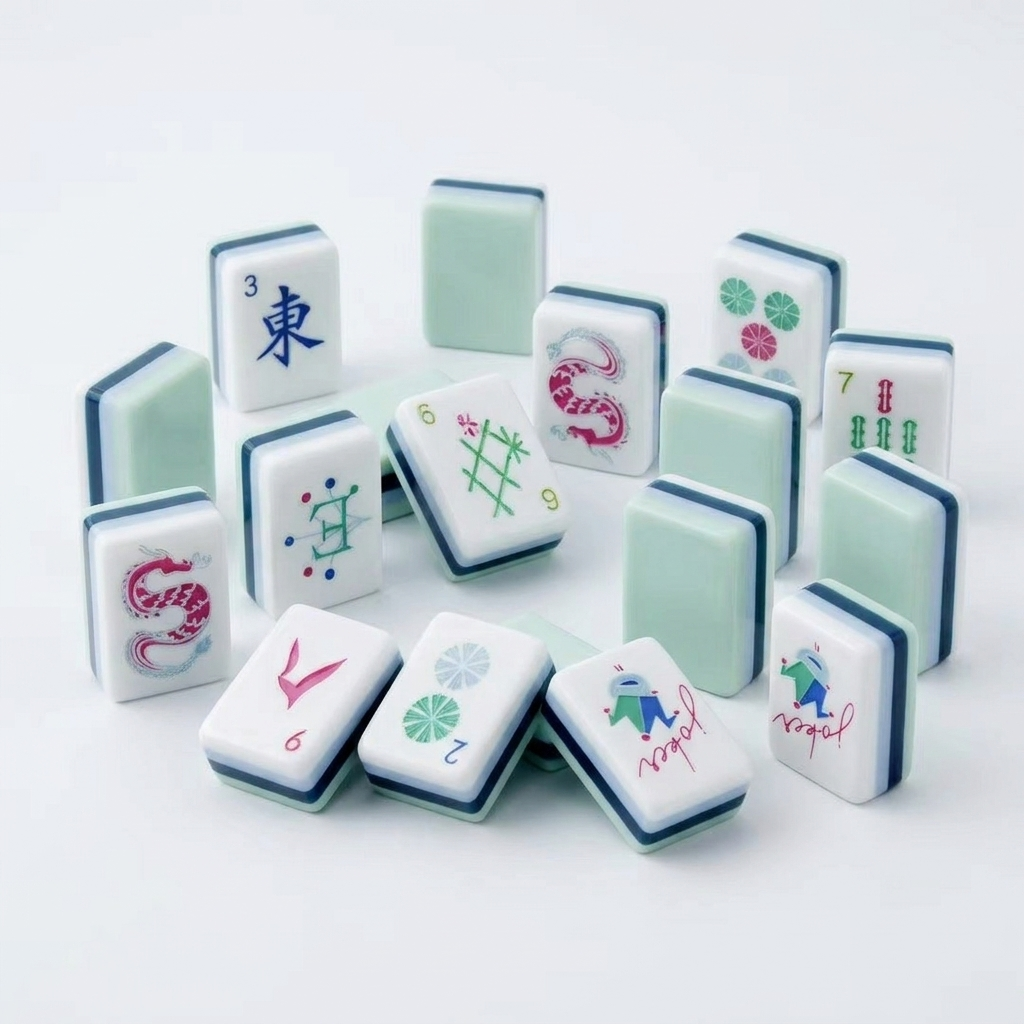 Cyan American Mahjong acrylic tiles angled studio shot showing layered edges