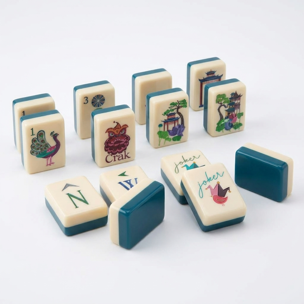 Dark Green Lotus American Mahjong acrylic tiles angled studio shot showing layered edges