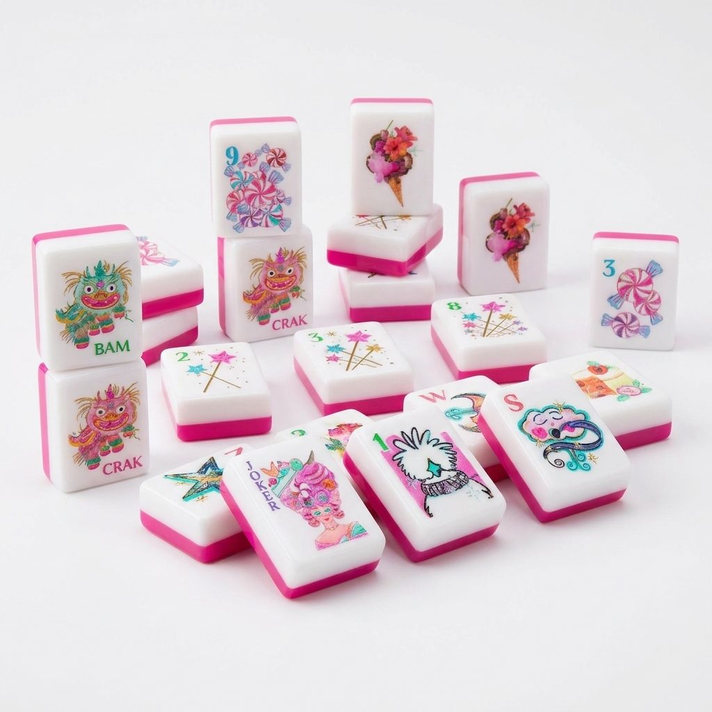 Rose Candy American Mahjong acrylic tiles angled studio shot showing layered edges
