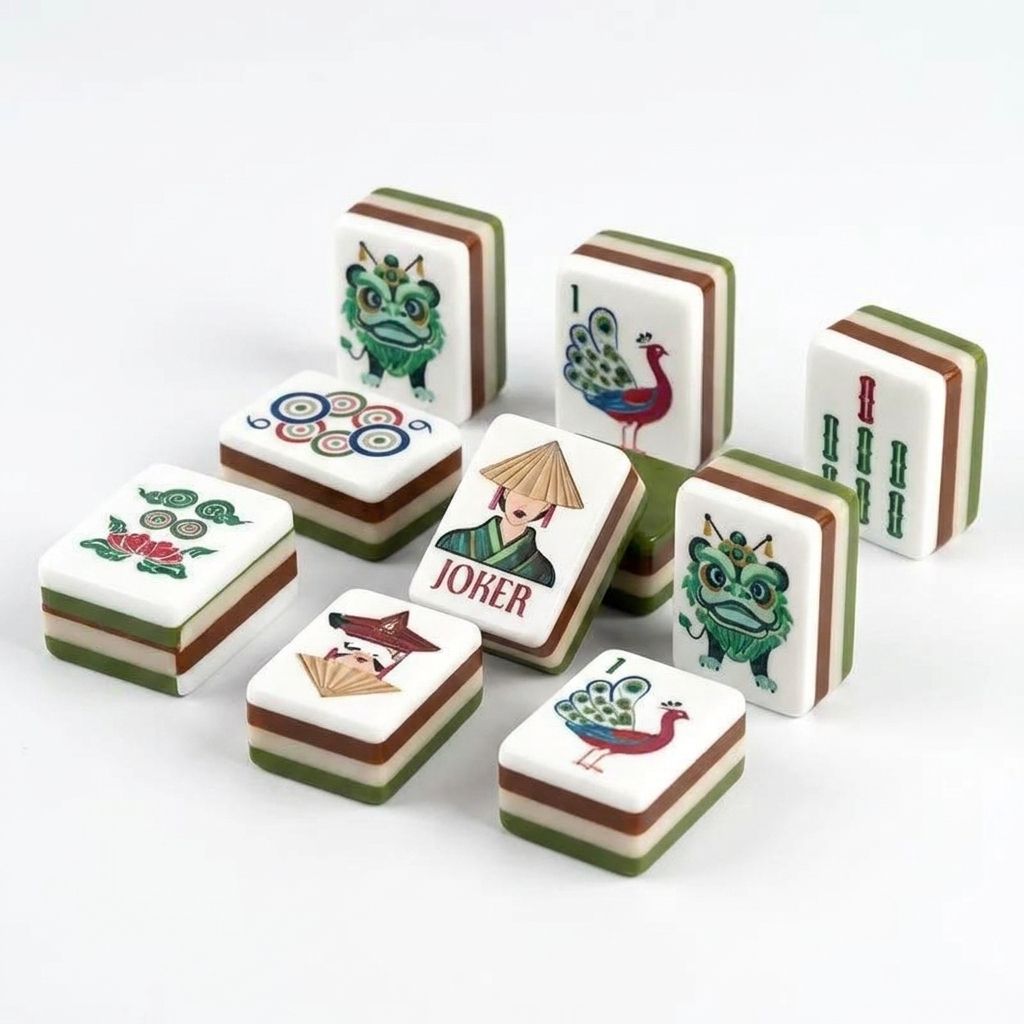 Olive Green American Mahjong acrylic tiles angled studio shot