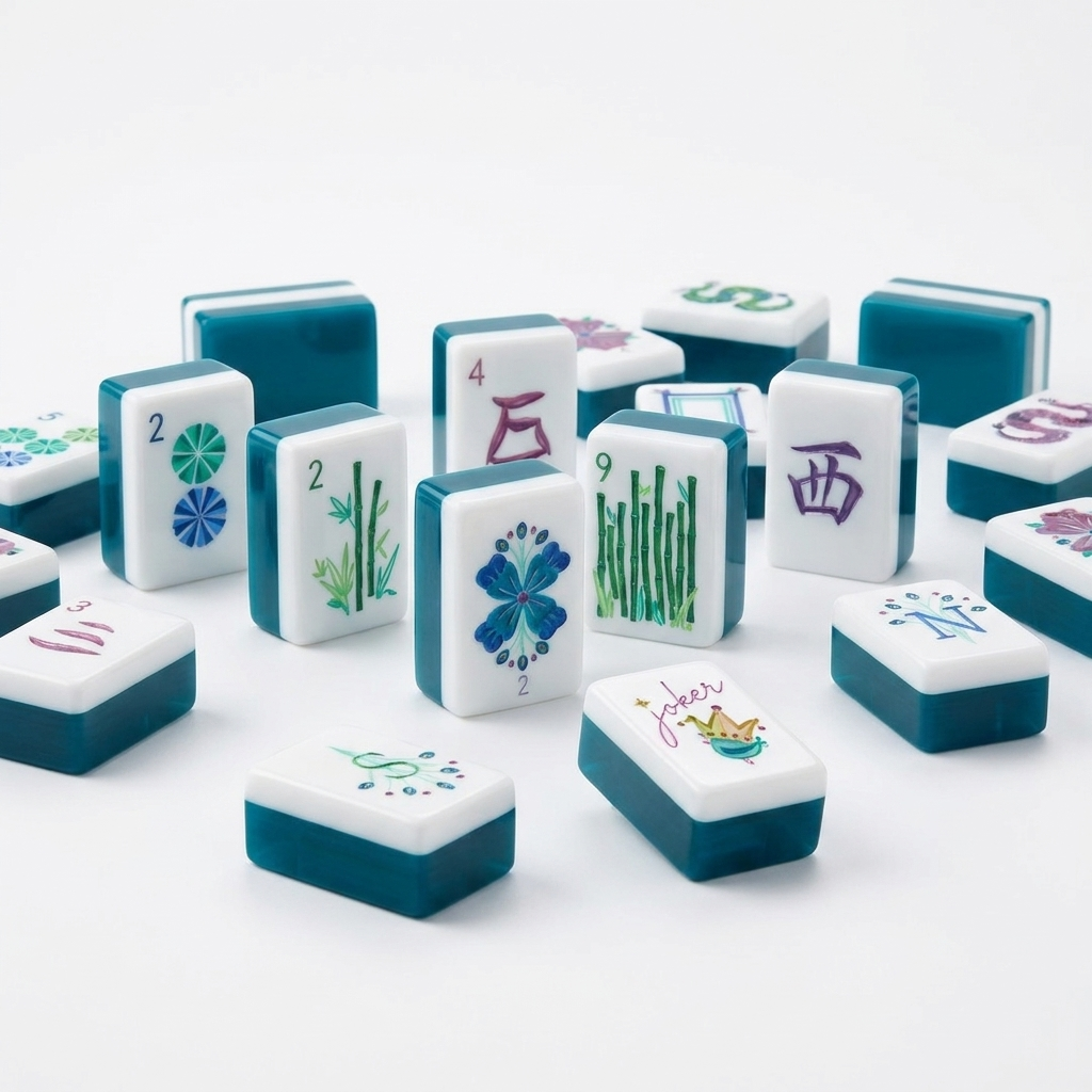 Peacock Blue American Mahjong acrylic tiles angled studio shot