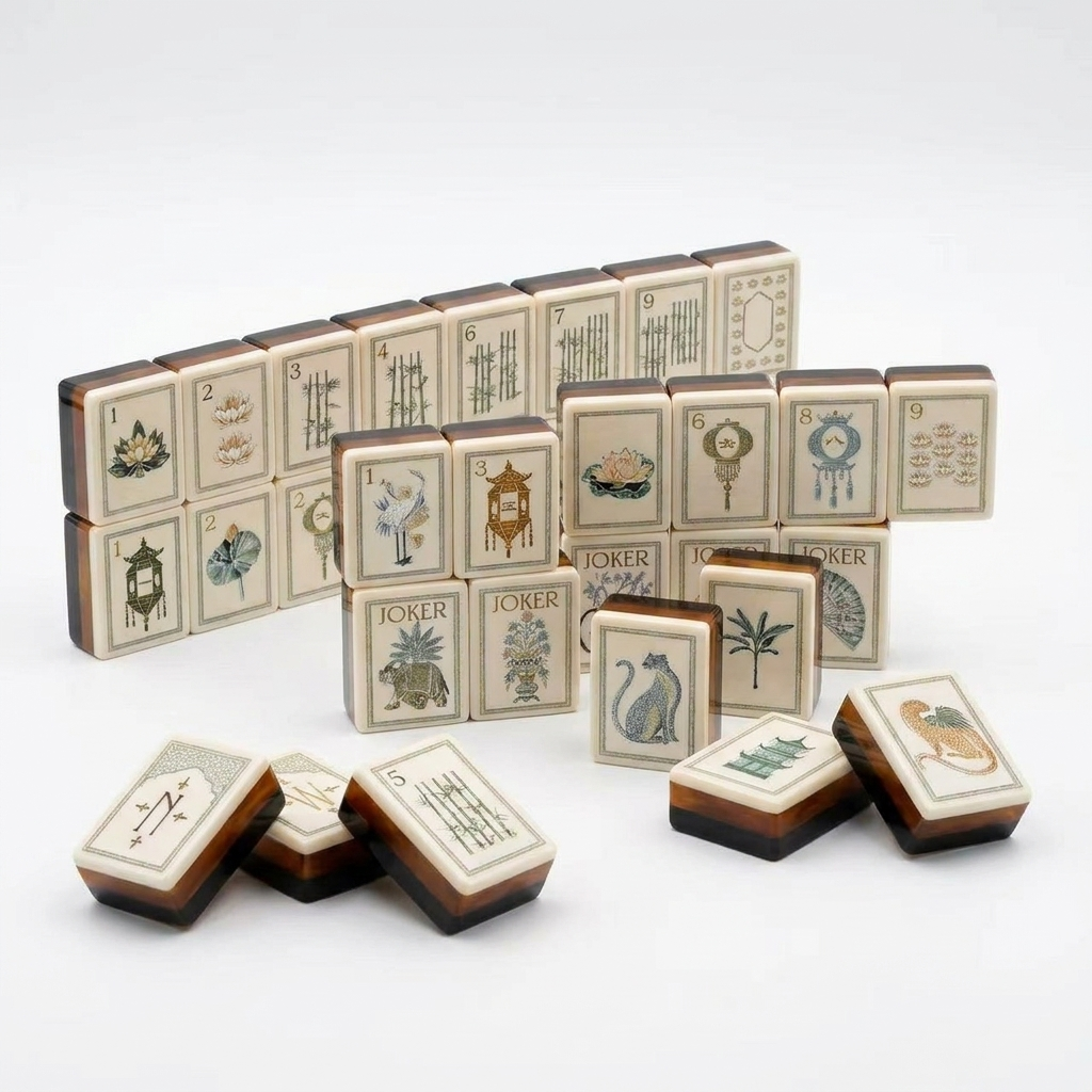 Tortoiseshell American Mahjong acrylic tiles angled studio shot
