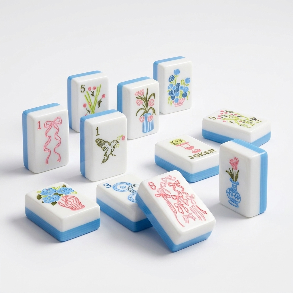 Blue Bow American Mahjong acrylic tiles angled studio shot
