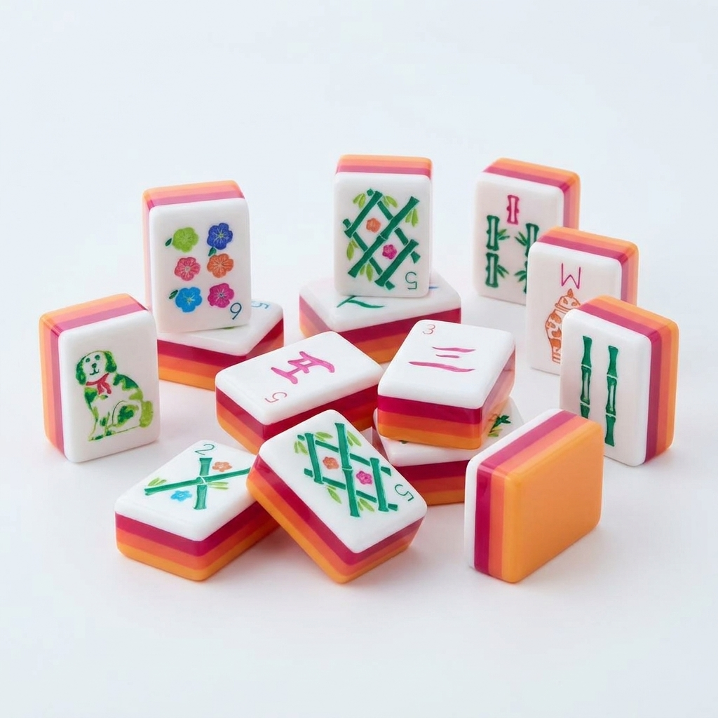 Orange Puppy American Mahjong acrylic tiles angled studio shot