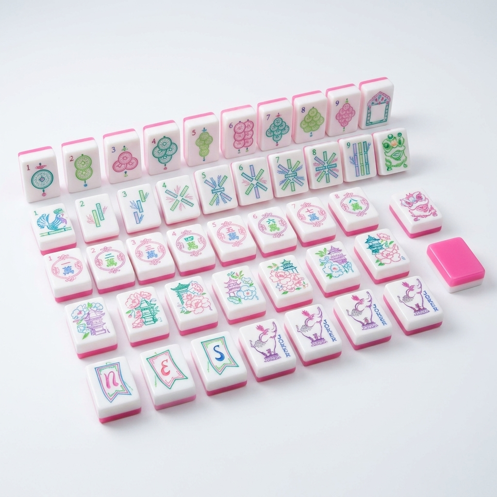 Rose Elephant American Mahjong acrylic tiles angled studio shot