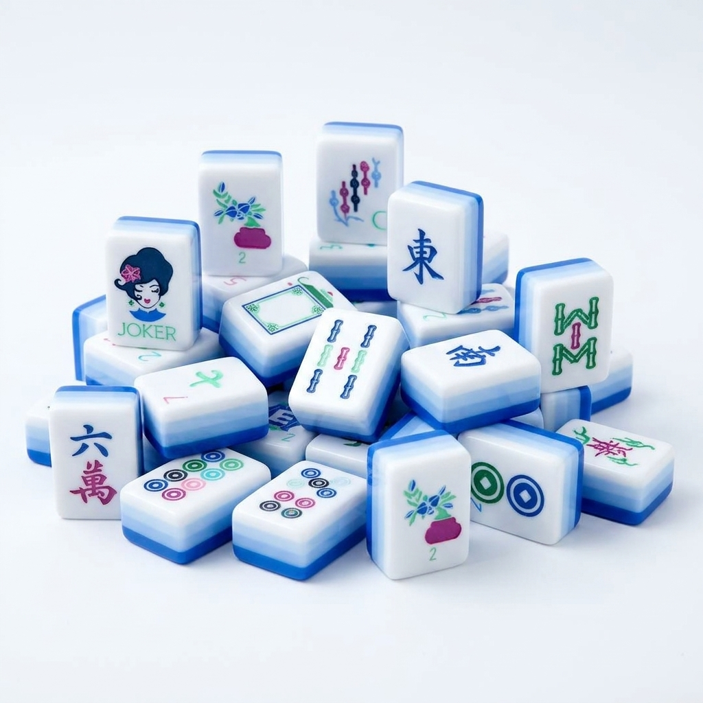 Gradient Blue American Mahjong acrylic tiles angled studio shot