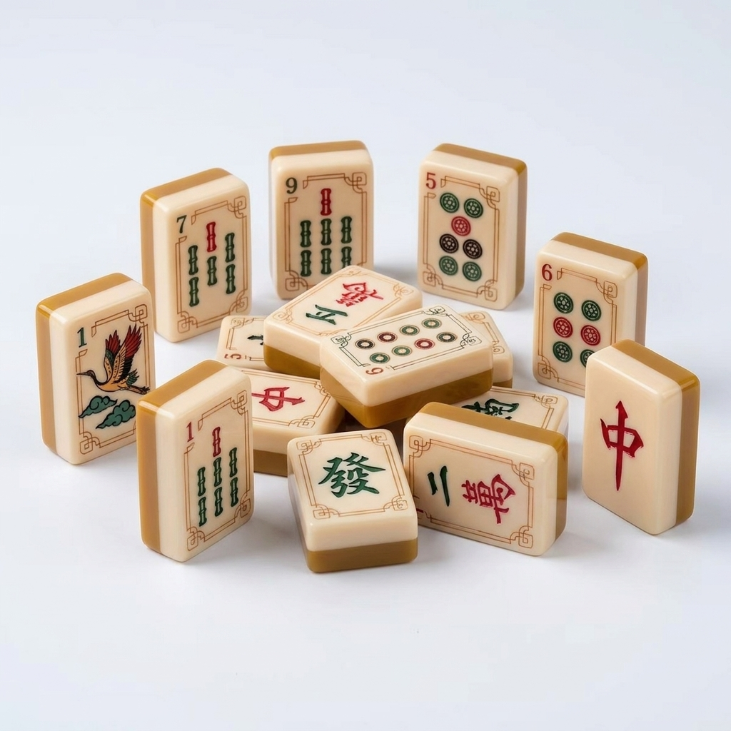 Yellow Crane American Mahjong acrylic tiles angled studio shot