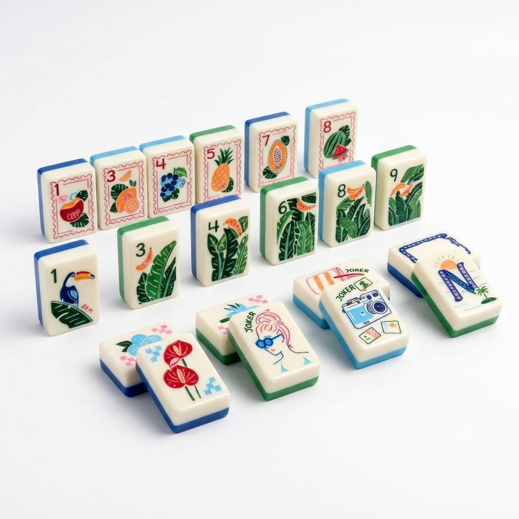 Ivory Blue-White Check American Mahjong acrylic tiles angled studio shot