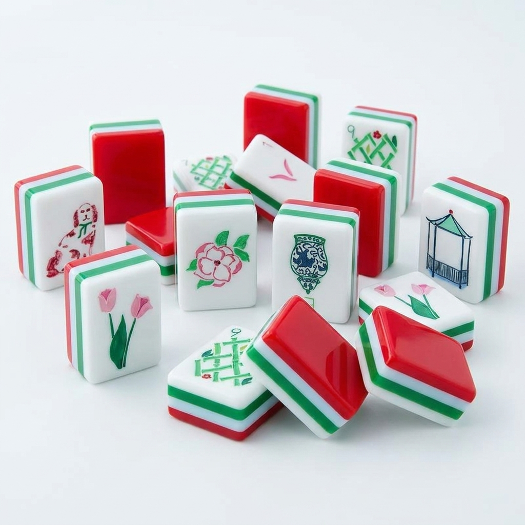 Bright Red four-layer American Mahjong acrylic tiles angled studio shot